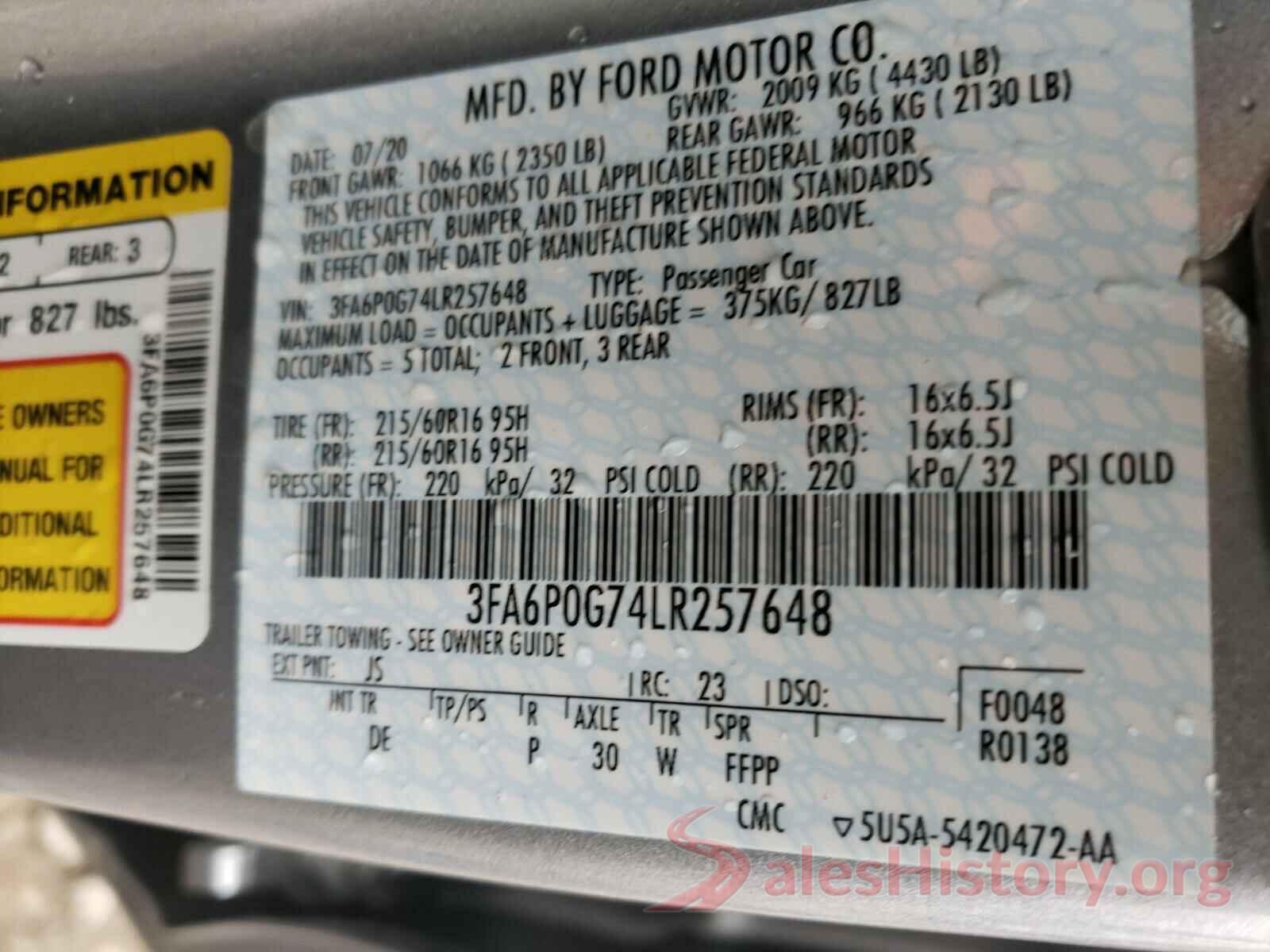 3FA6P0G74LR257648 2020 FORD FUSION