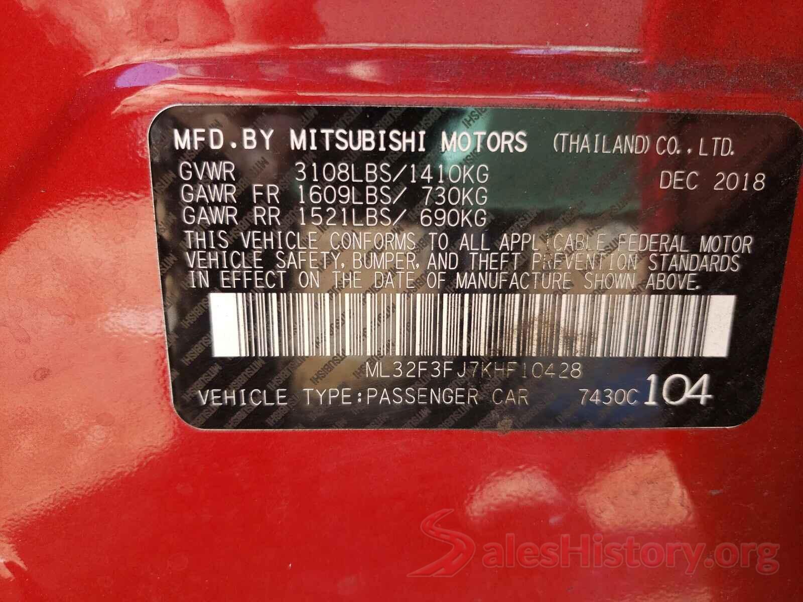 ML32F3FJ7KHF10428 2019 MITSUBISHI MIRAGE