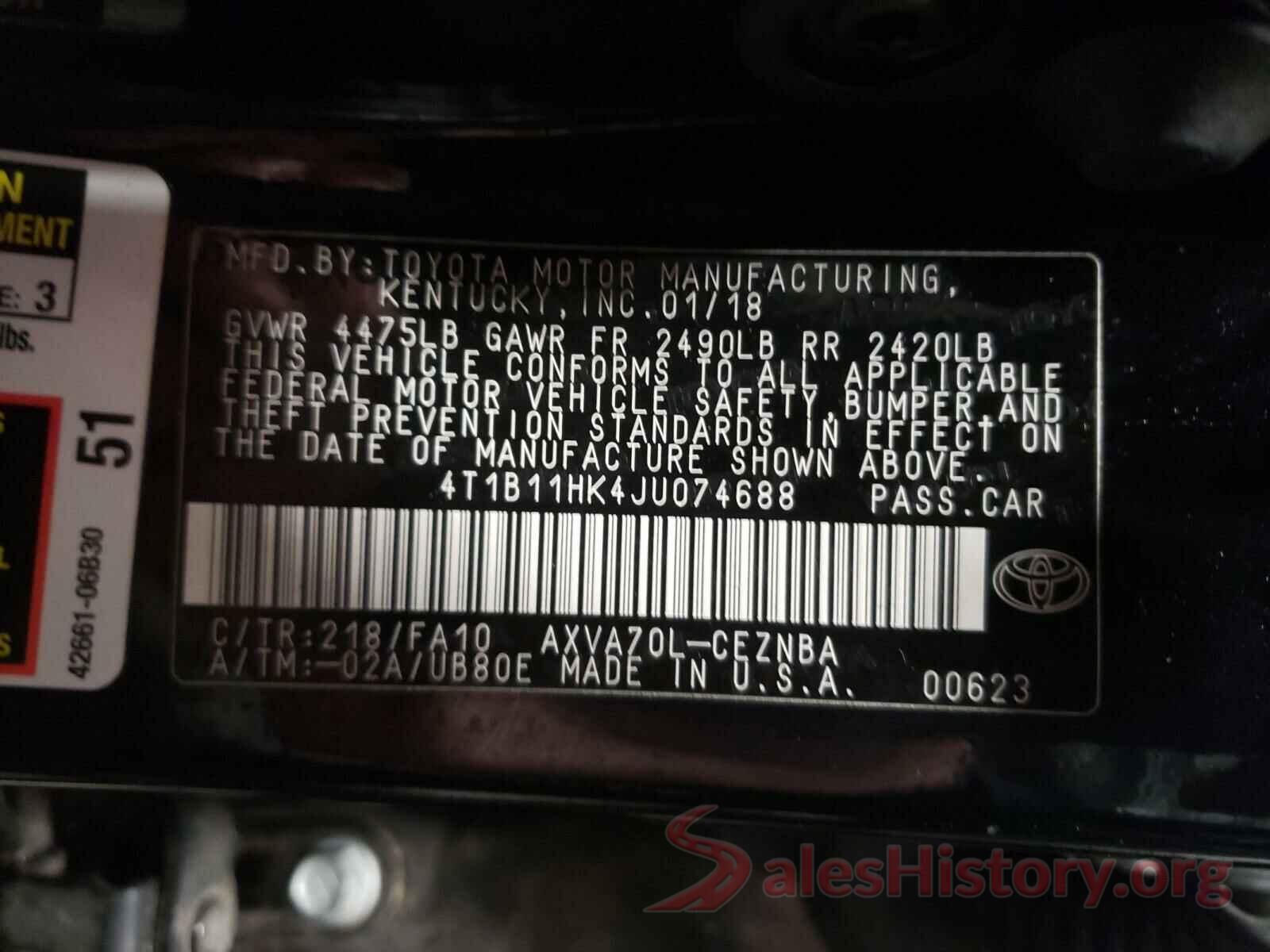 4T1B11HK4JU074688 2018 TOYOTA CAMRY