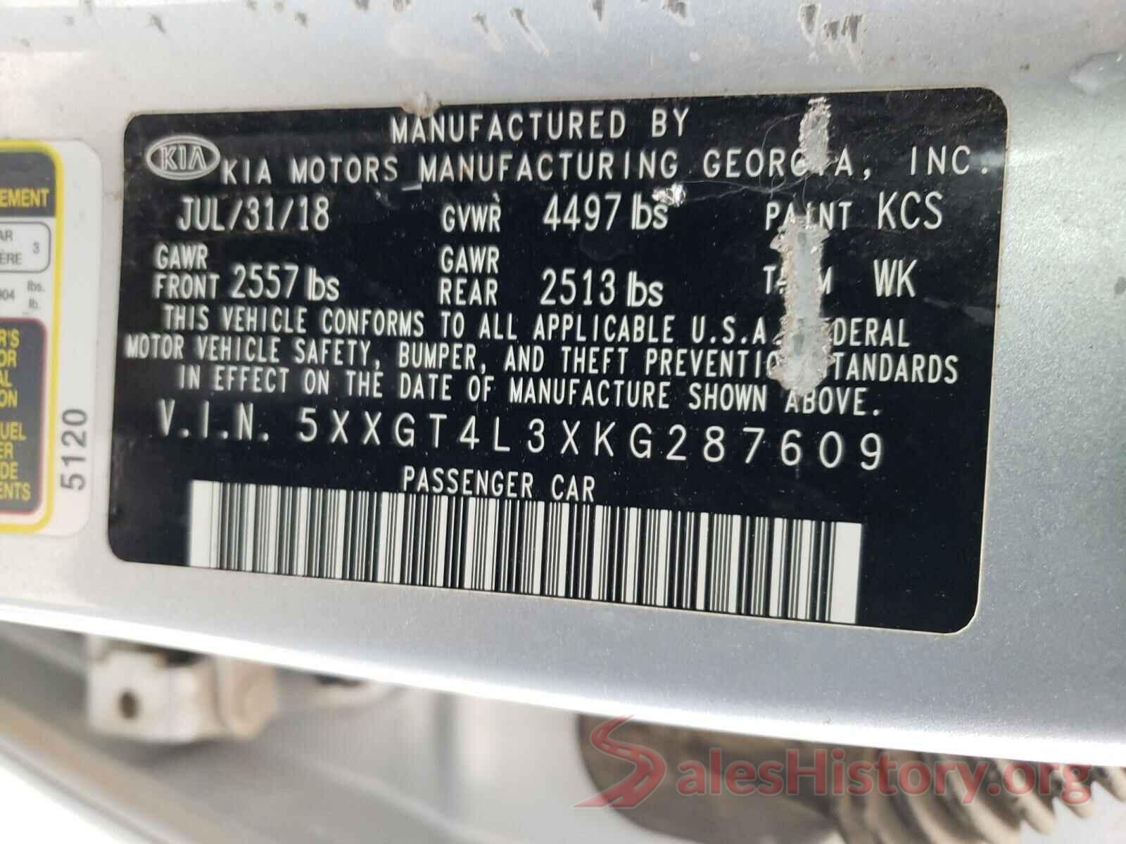 5XXGT4L3XKG287609 2019 KIA OPTIMA