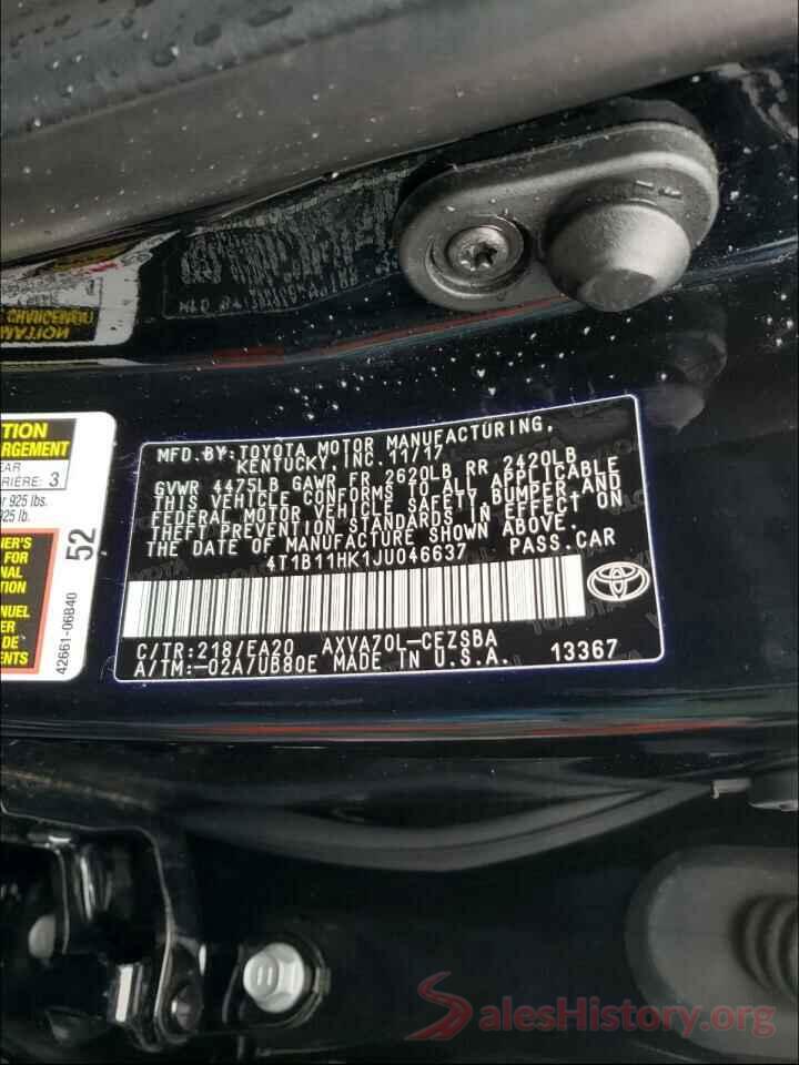 4T1B11HK1JU046637 2018 TOYOTA CAMRY