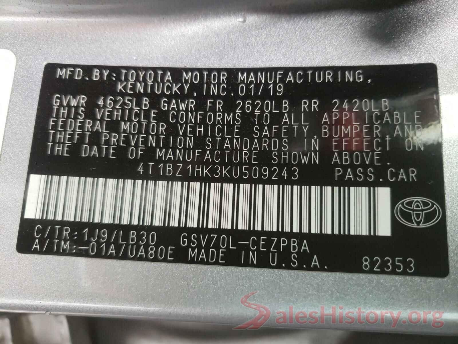 4T1BZ1HK3KU509243 2019 TOYOTA CAMRY