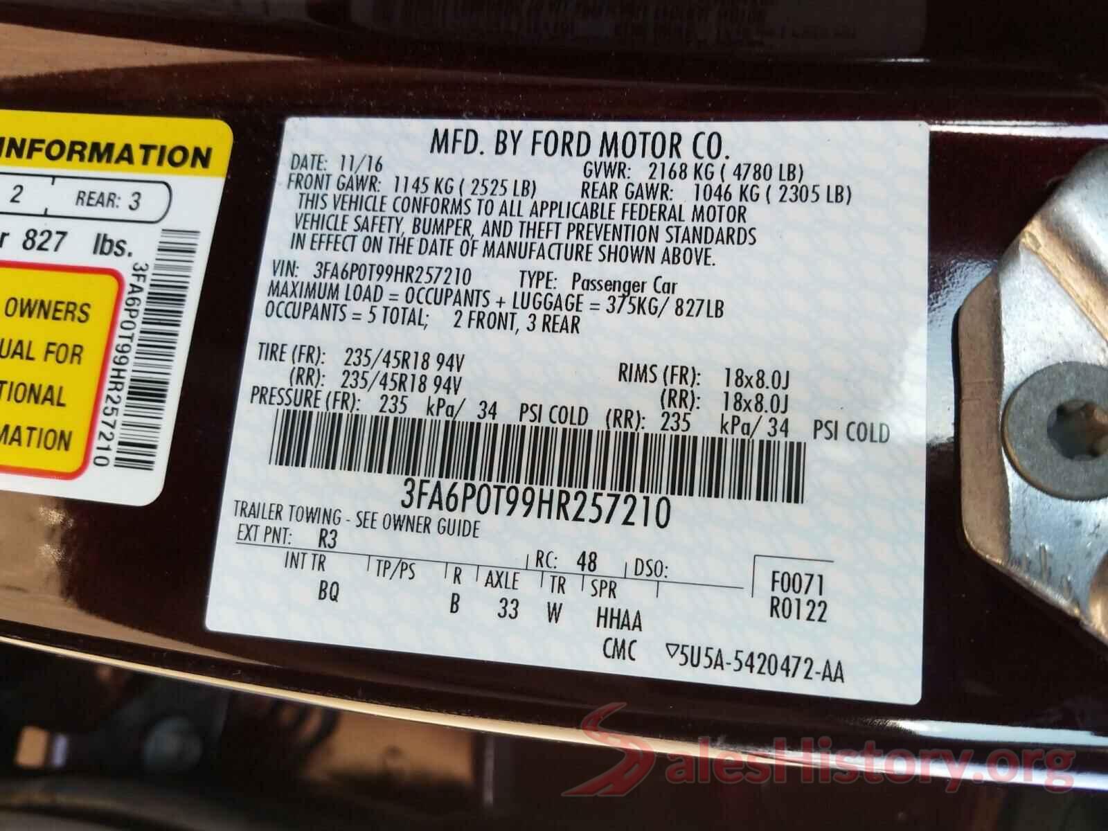 3FA6P0T99HR257210 2017 FORD FUSION