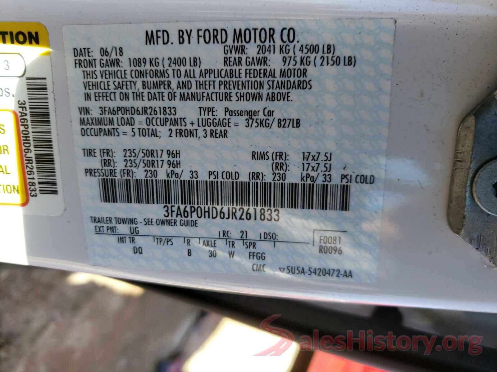 3FA6P0HD6JR261833 2018 FORD FUSION