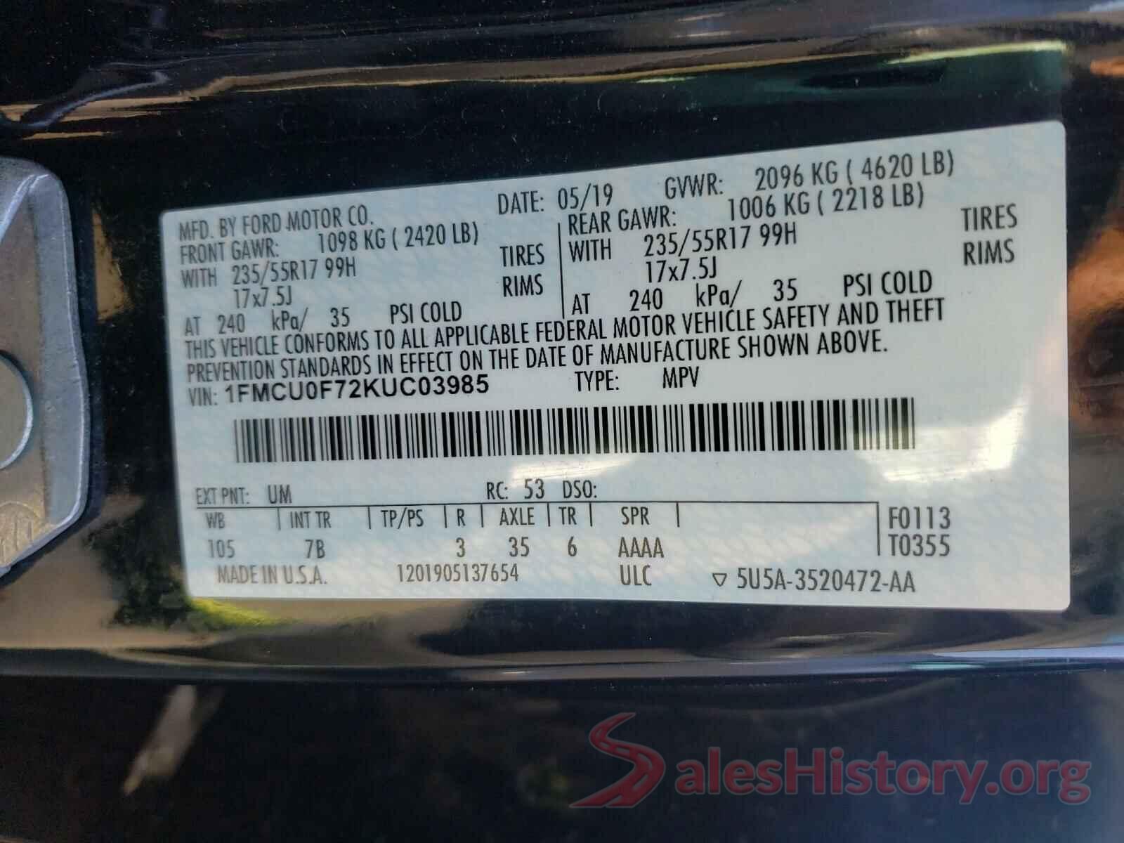 1FMCU0F72KUC03985 2019 FORD ESCAPE