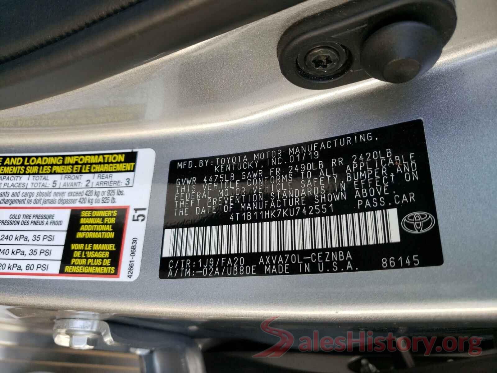 4T1B11HK7KU742551 2019 TOYOTA CAMRY