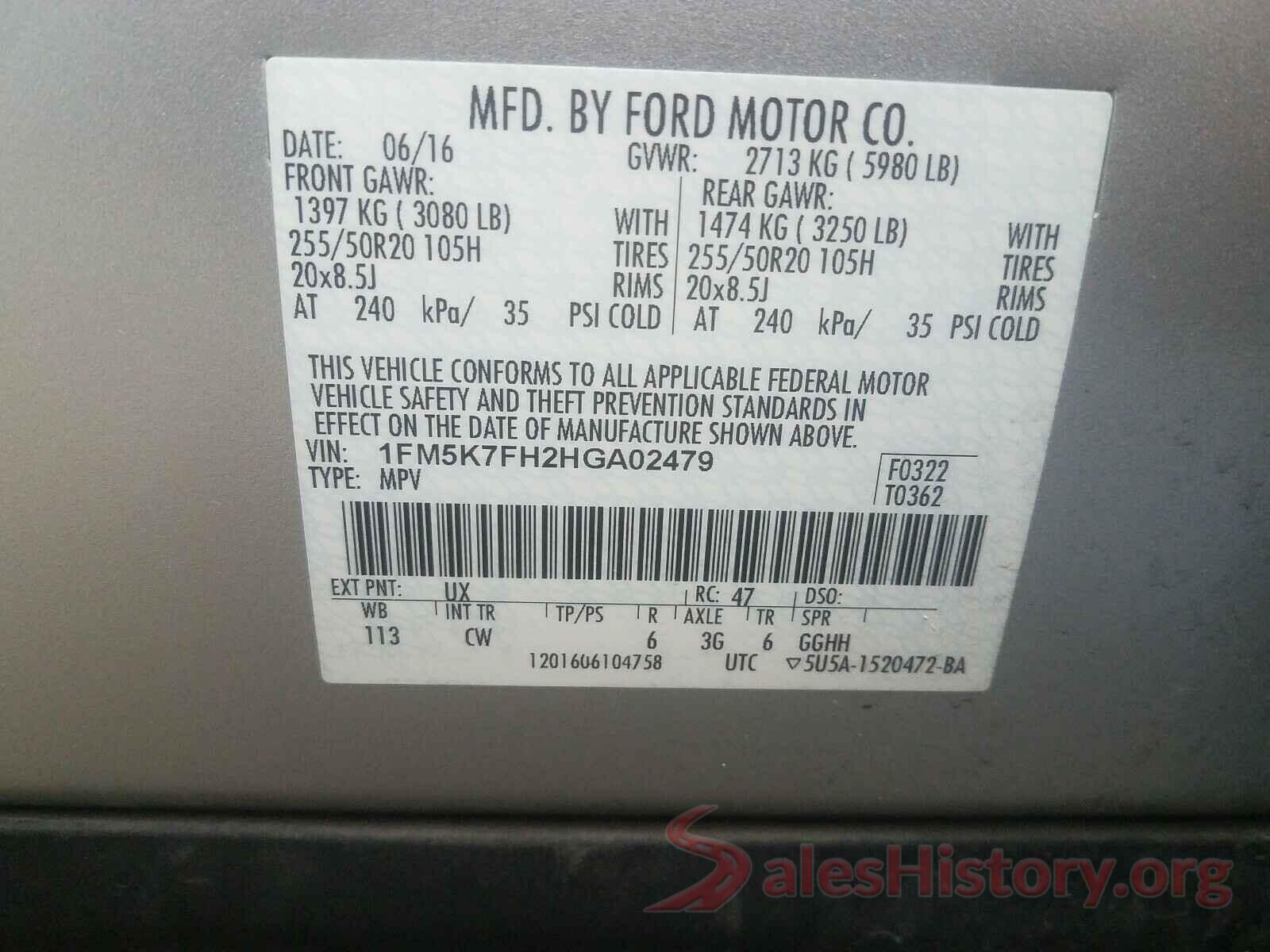 1FM5K7FH2HGA02479 2017 FORD EXPLORER