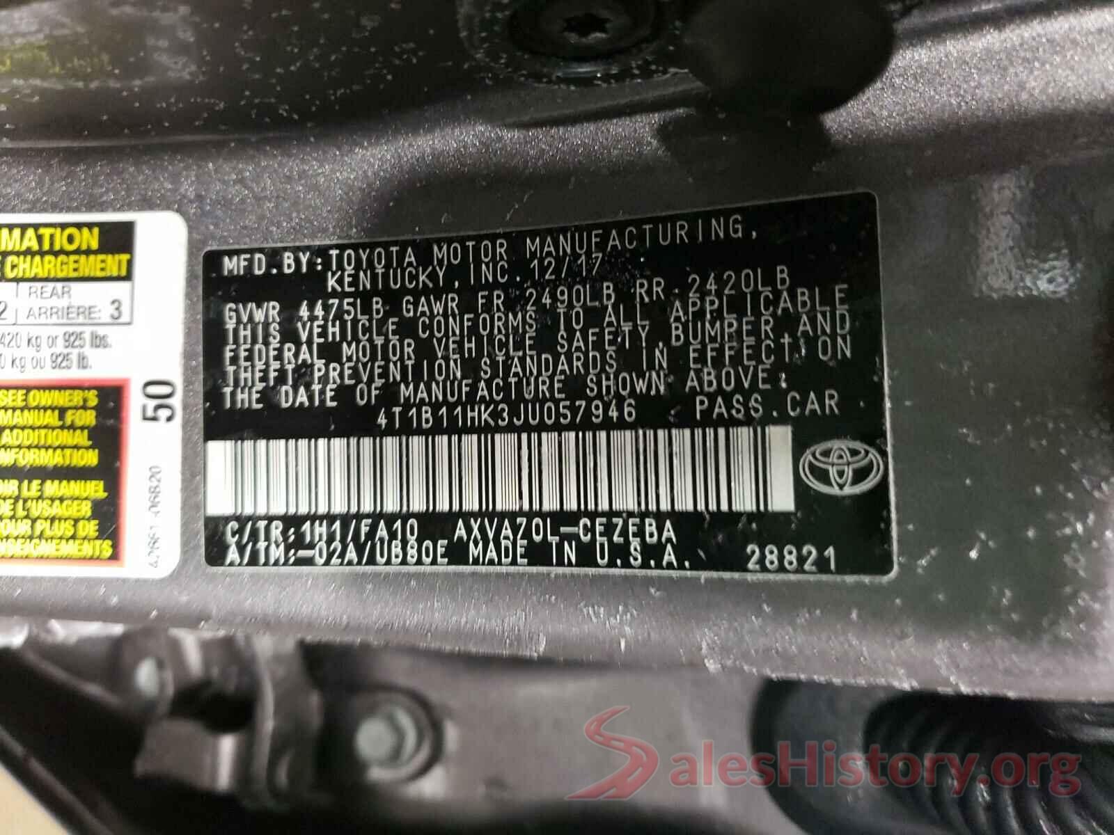 4T1B11HK3JU057946 2018 TOYOTA CAMRY