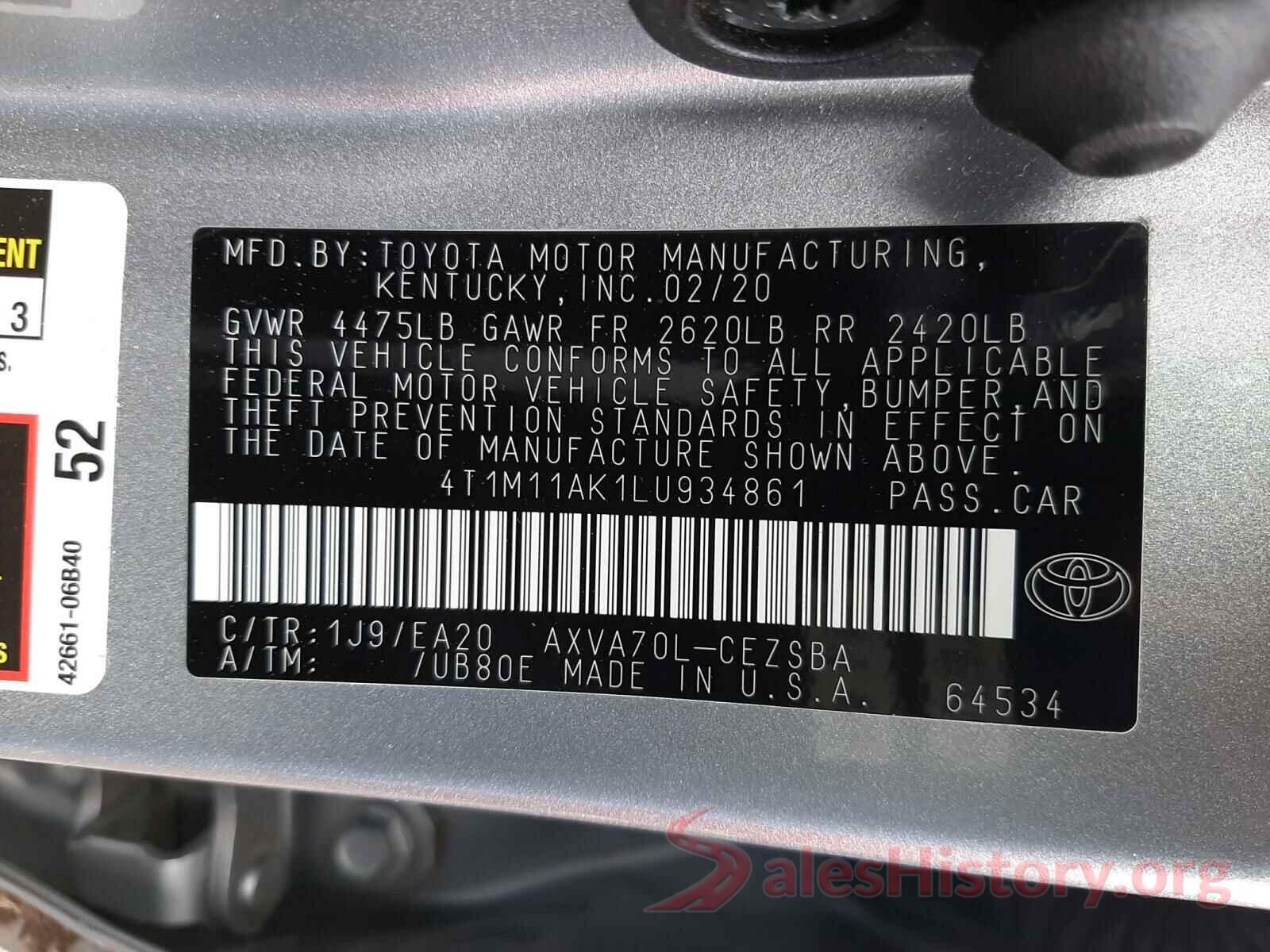 4T1M11AK1LU934861 2020 TOYOTA CAMRY