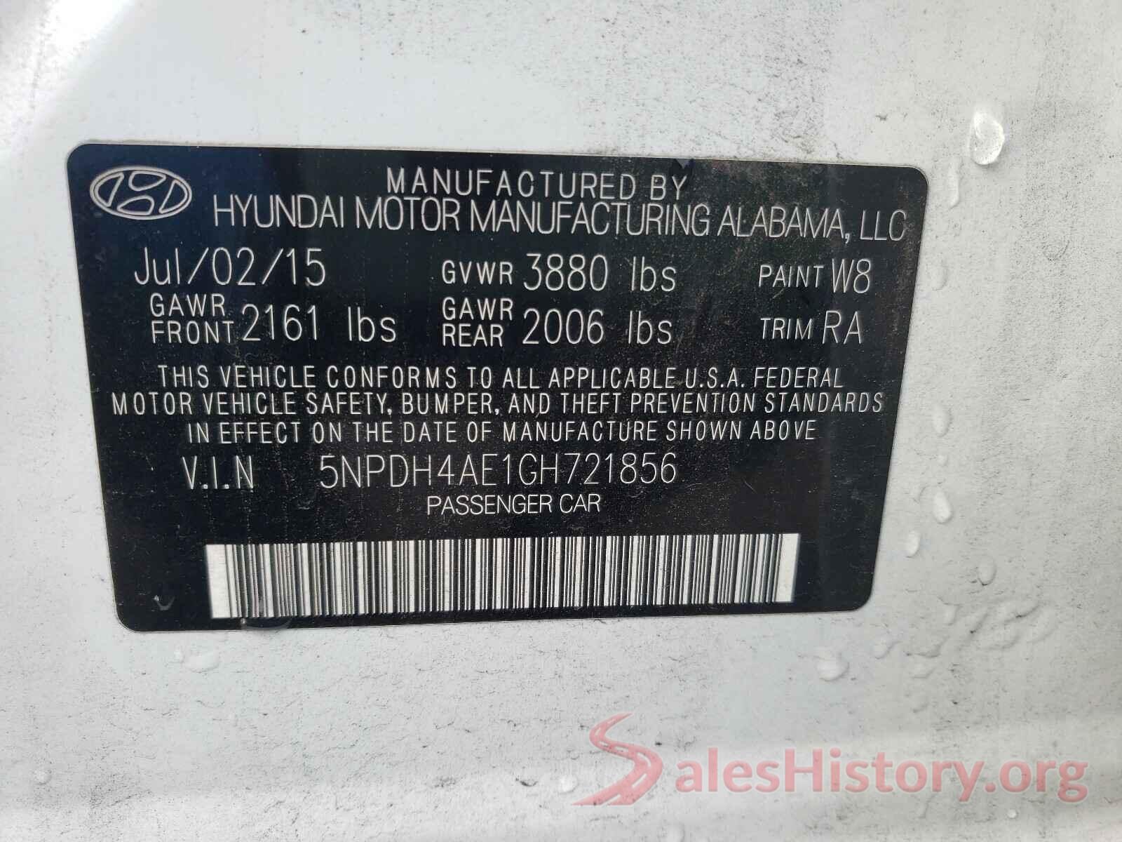 5NPDH4AE1GH721856 2016 HYUNDAI ELANTRA