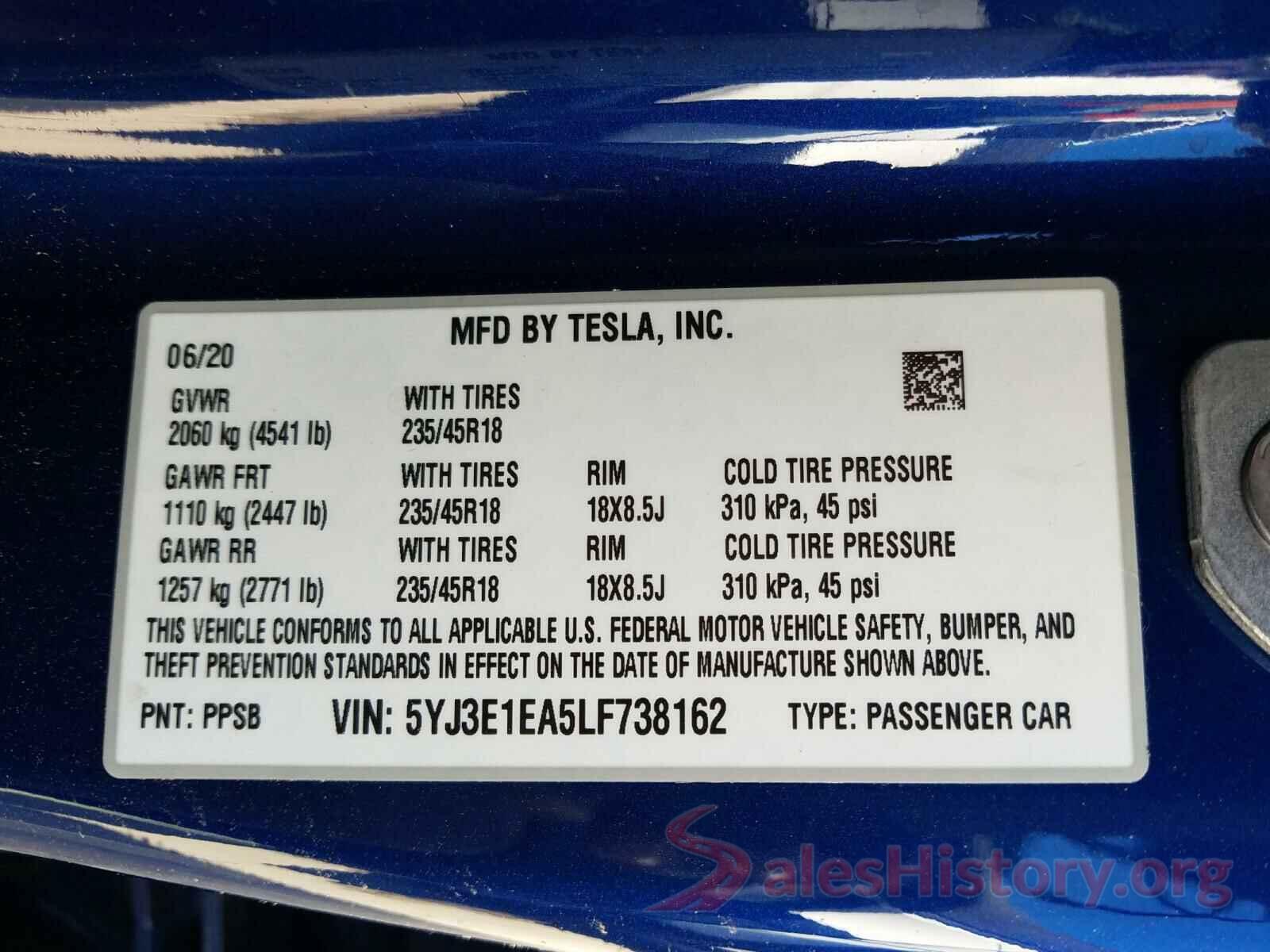 5YJ3E1EA5LF738162 2020 TESLA MODEL 3