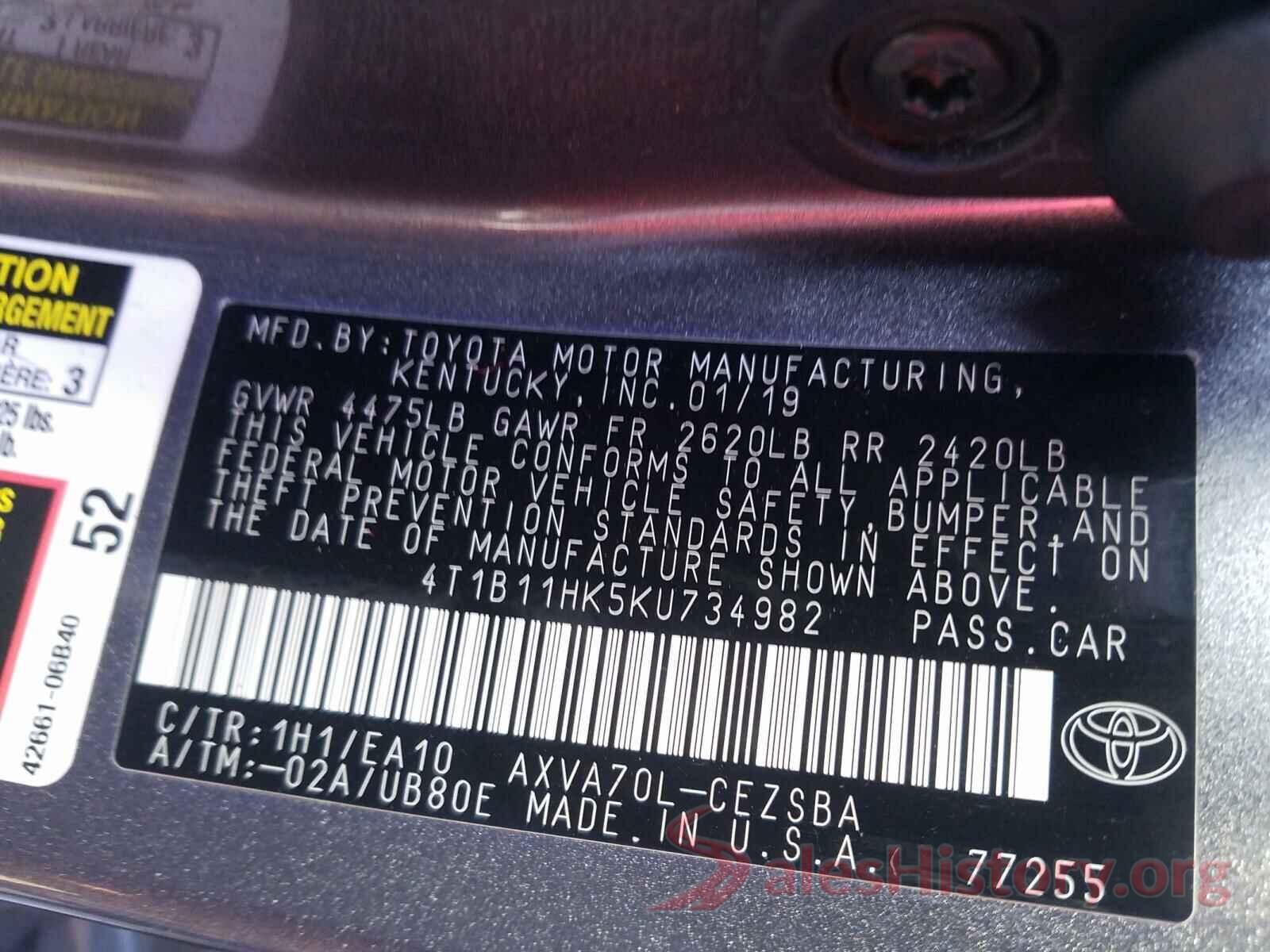 4T1B11HK5KU734982 2019 TOYOTA CAMRY