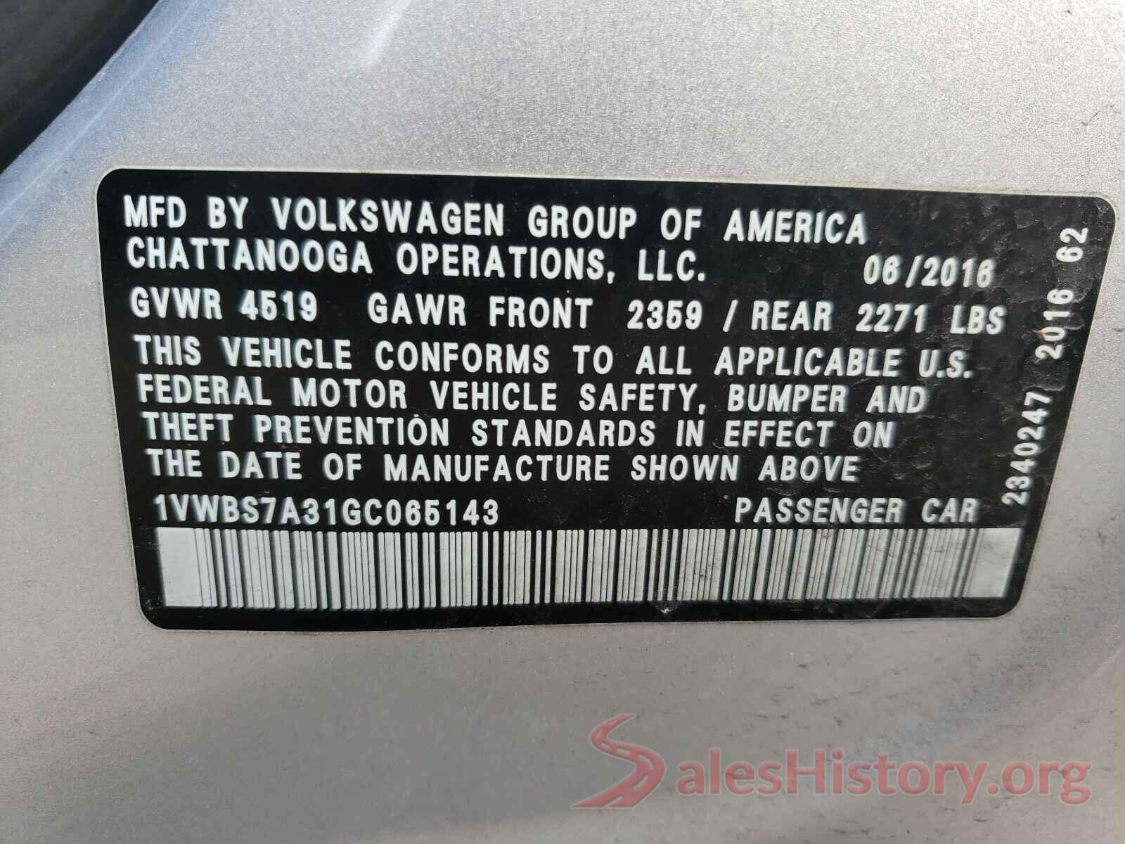 1VWBS7A31GC065143 2016 VOLKSWAGEN PASSAT