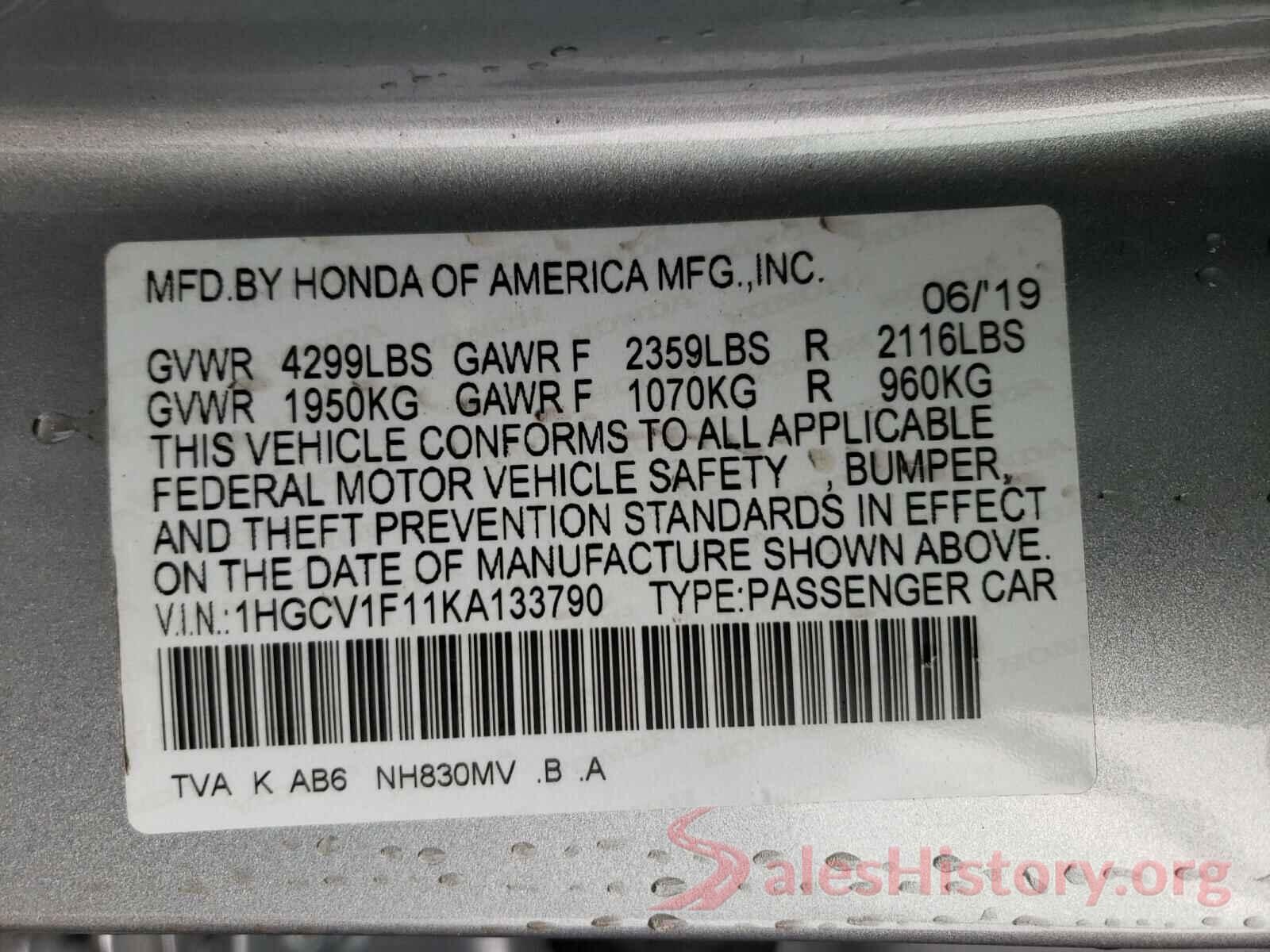 1HGCV1F11KA133790 2019 HONDA ACCORD