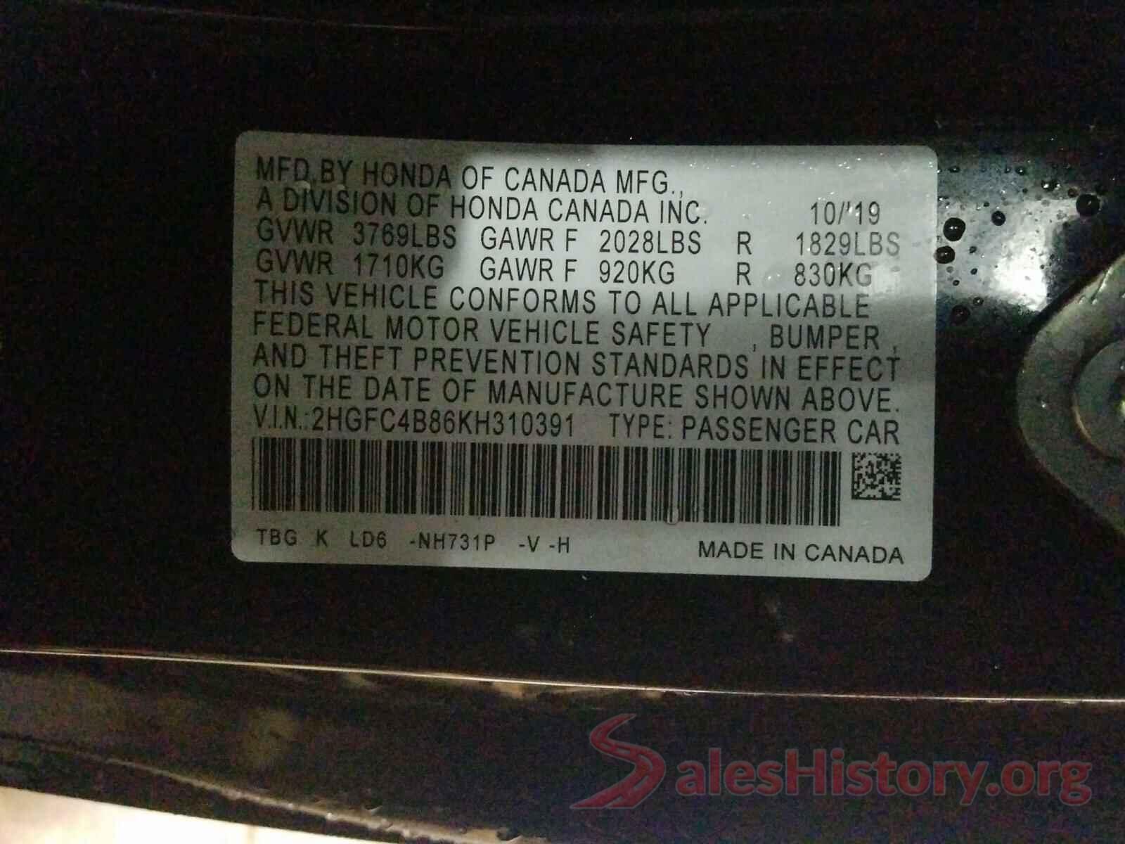 2HGFC4B86KH310391 2019 HONDA CIVIC