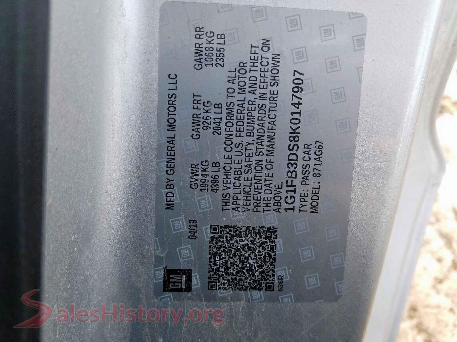2019 CHEVROLET CAMARO VIN 1G1FB3DS8K0147907, odometer mileage