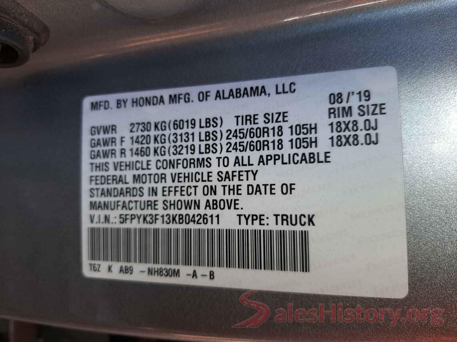 5FPYK3F13KB042611 2019 HONDA RIDGELINE