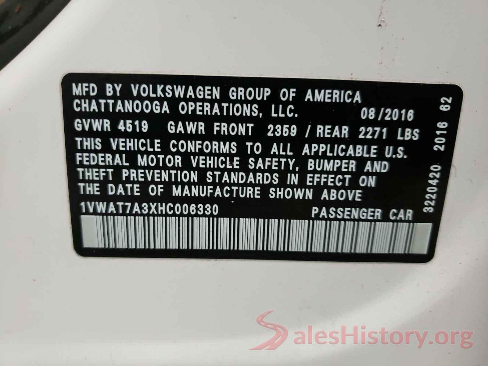 1VWAT7A3XHC006330 2017 VOLKSWAGEN PASSAT