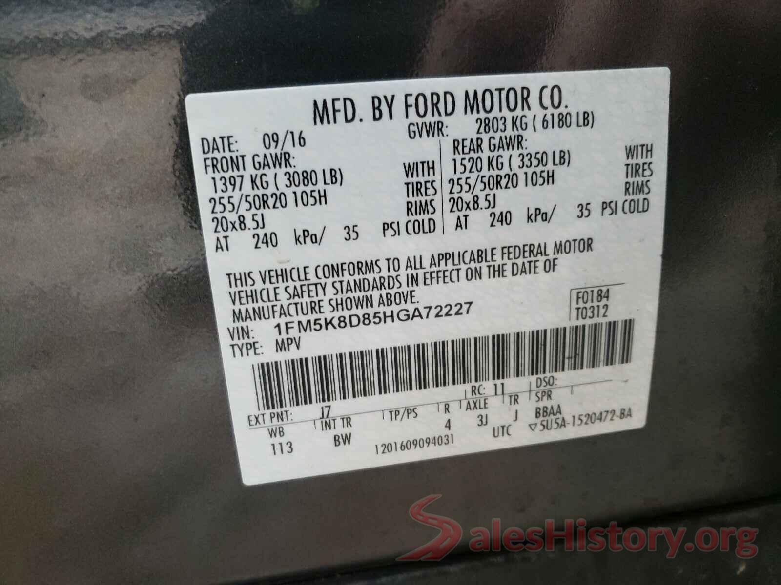 1FM5K8D85HGA72227 2017 FORD EXPLORER