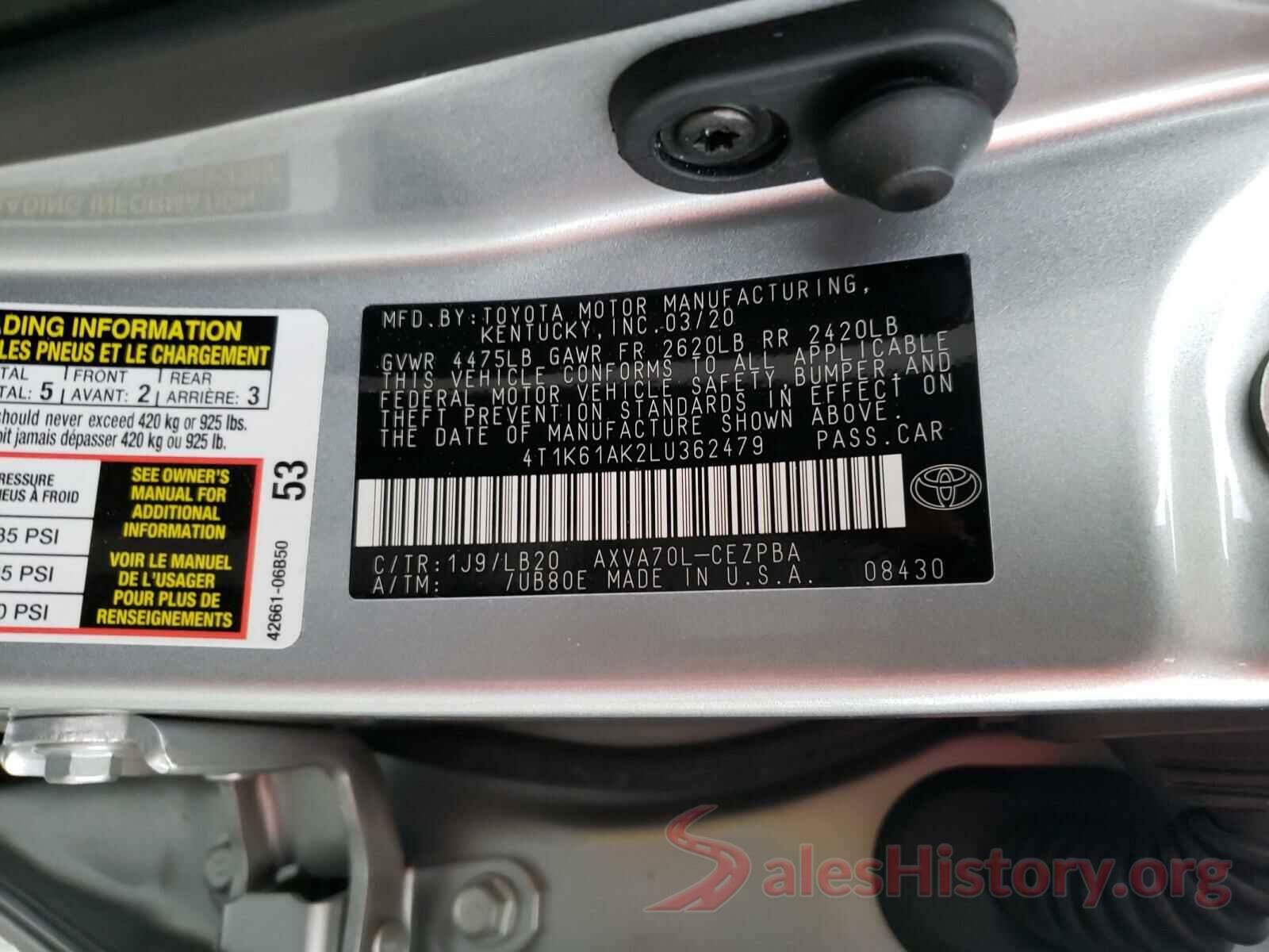 4T1K61AK2LU362479 2020 TOYOTA CAMRY