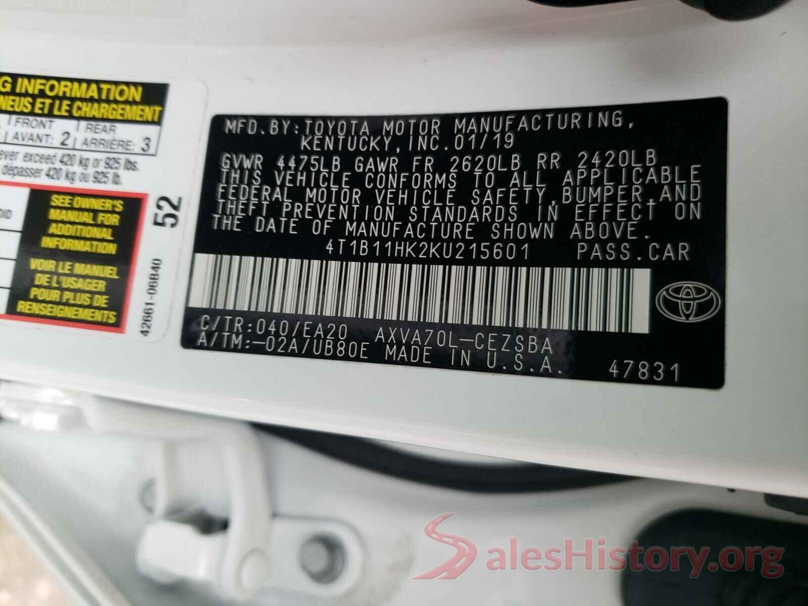 4T1B11HK2KU215601 2019 TOYOTA CAMRY