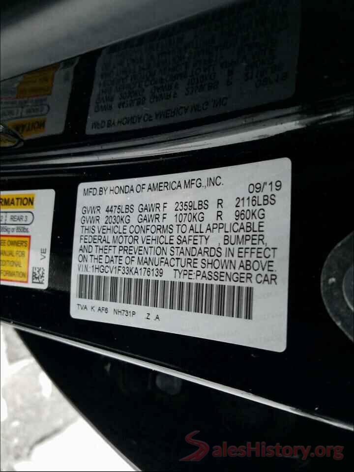 1HGCV1F33KA176139 2019 HONDA ACCORD