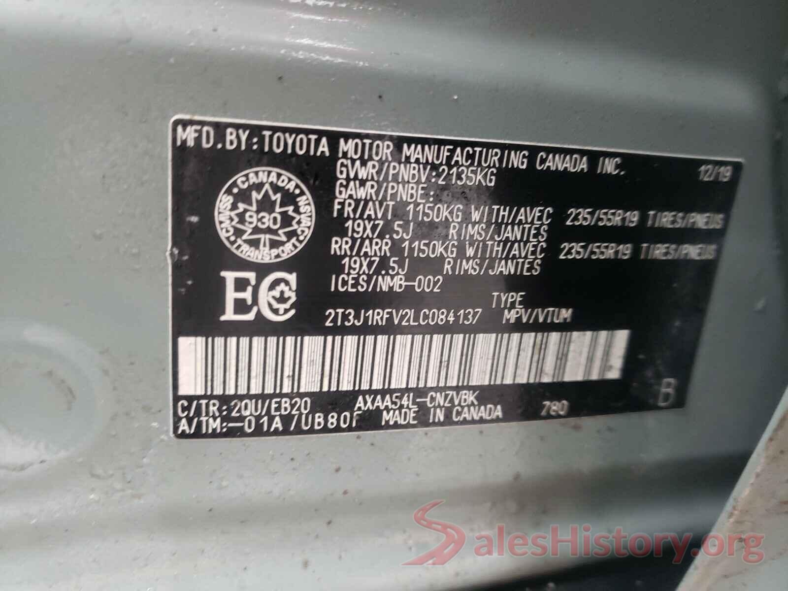 2T3J1RFV2LC084137 2020 TOYOTA RAV4