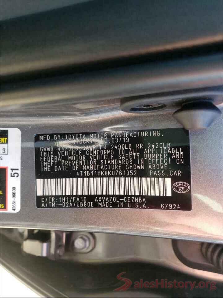 4T1B11HK8KU761352 2019 TOYOTA CAMRY