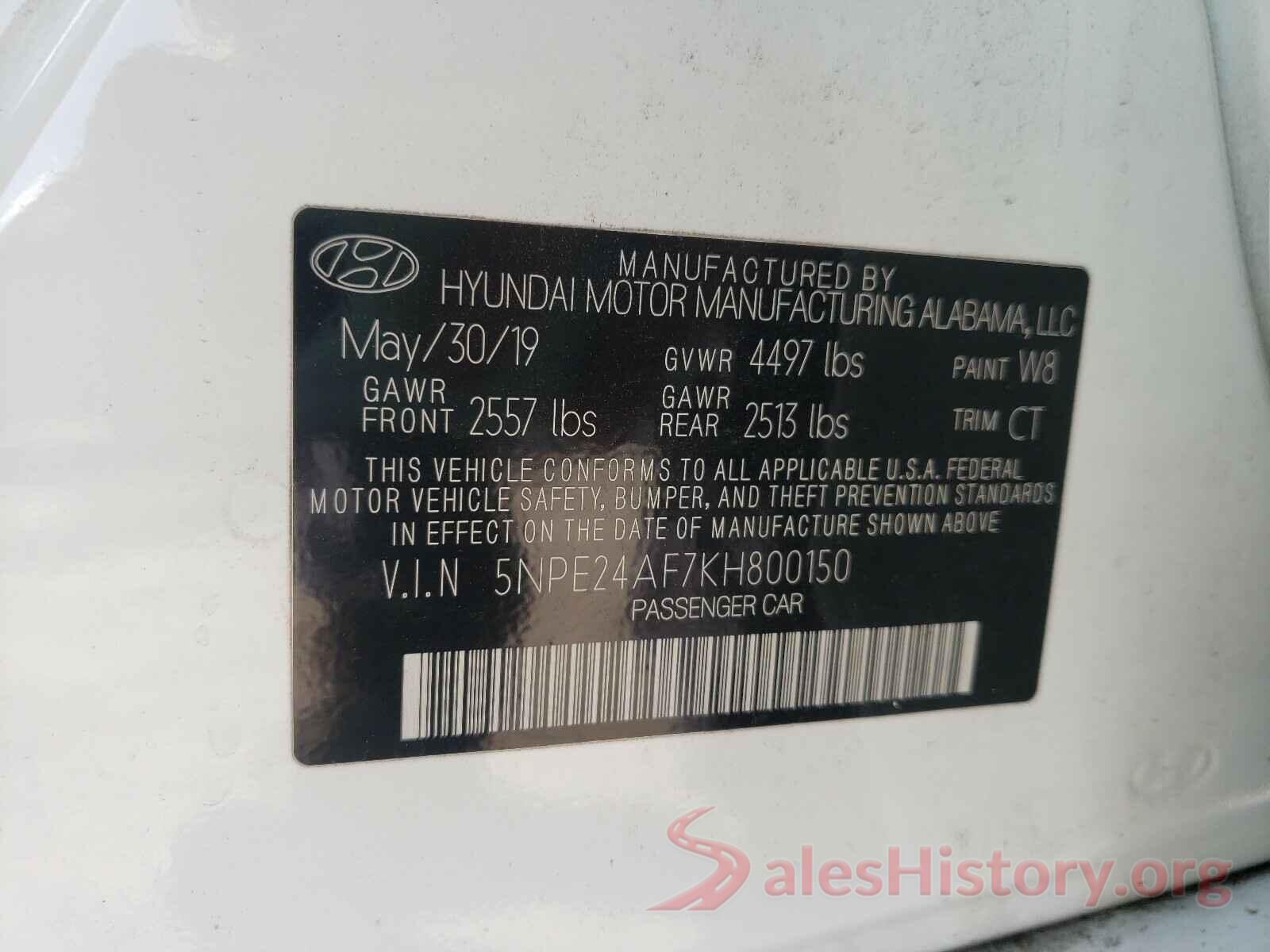 5NPE24AF7KH800150 2019 HYUNDAI SONATA