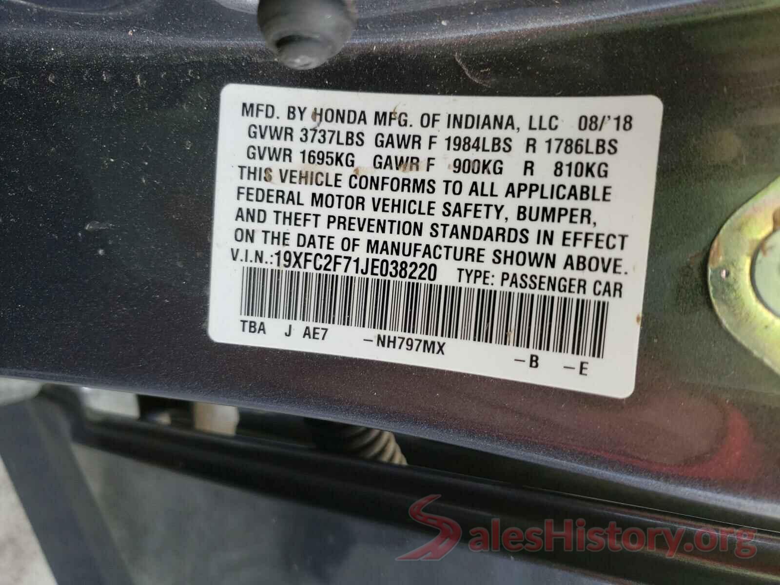 19XFC2F71JE038220 2018 HONDA CIVIC