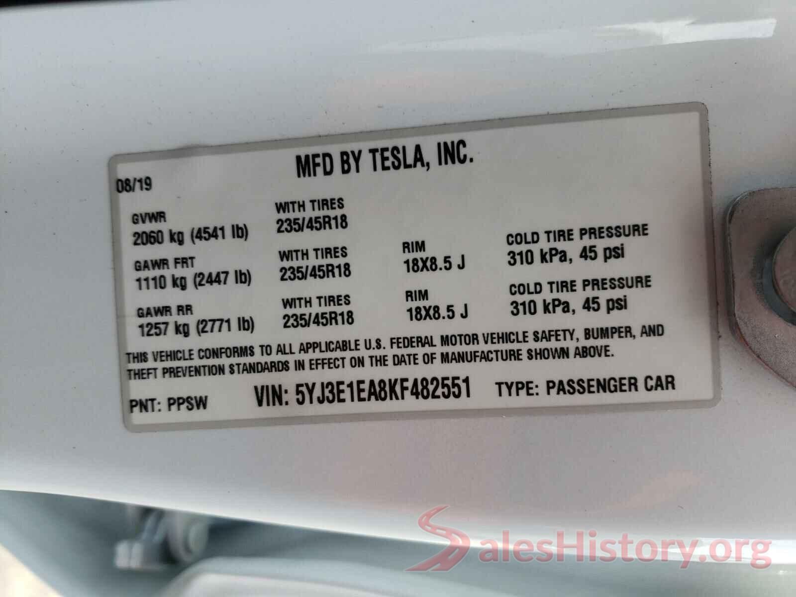 5YJ3E1EA8KF482551 2019 TESLA MODEL 3