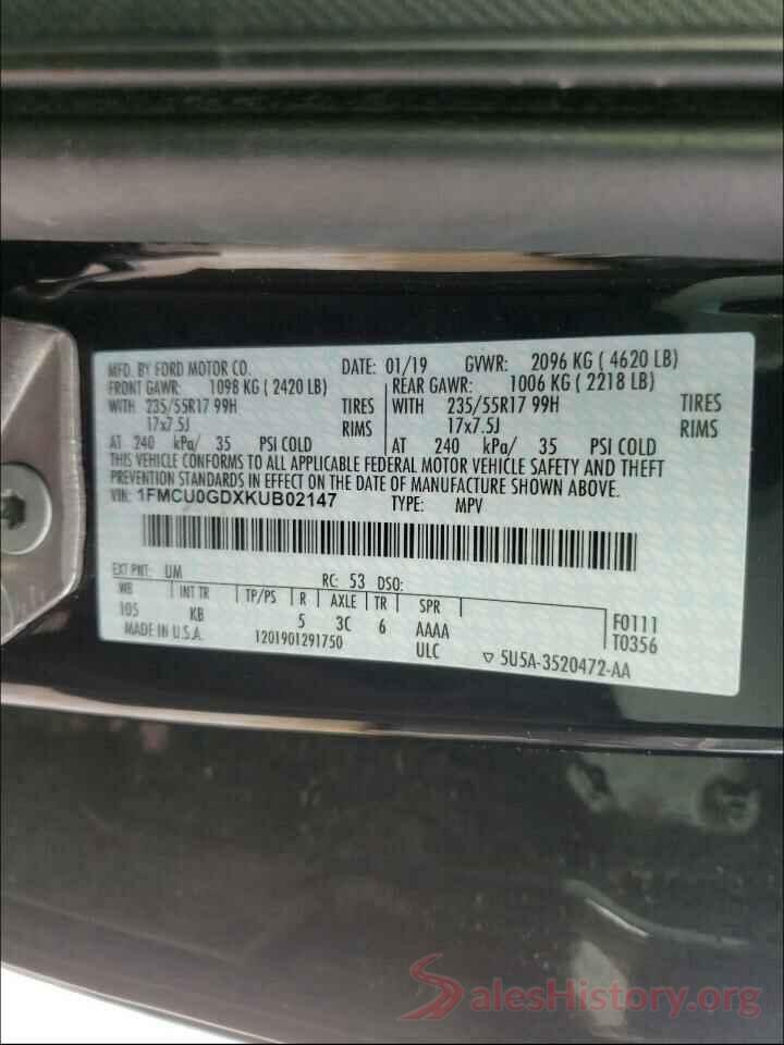 1FMCU0GDXKUB02147 2019 FORD ESCAPE