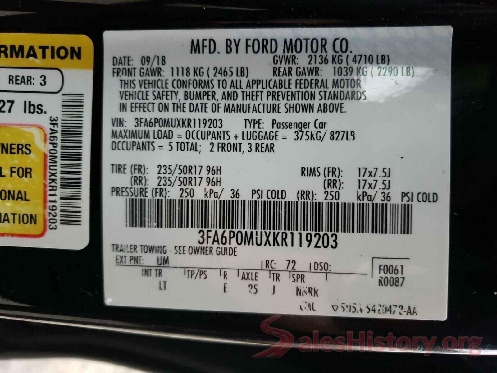 3FA6P0MUXKR119203 2019 FORD FUSION