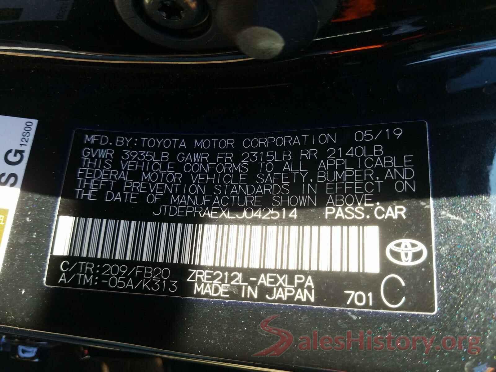 JTDEPRAEXLJ042514 2020 TOYOTA COROLLA