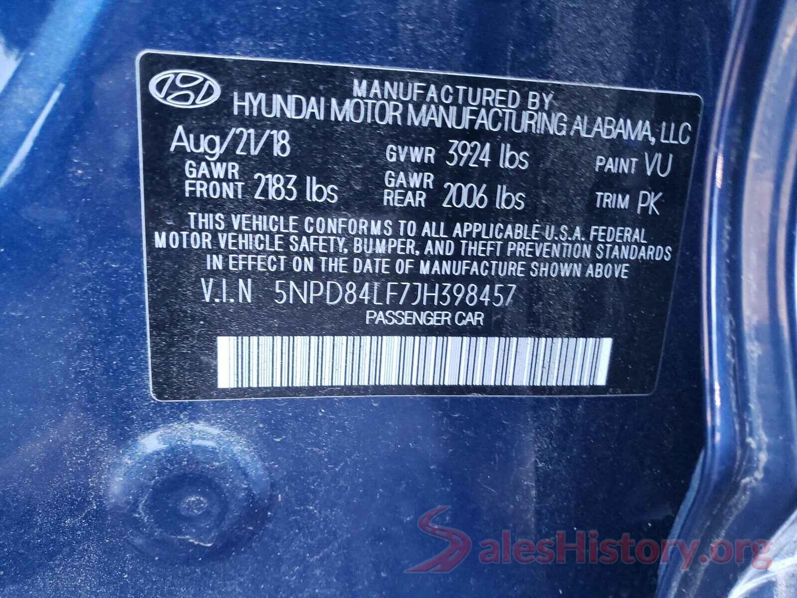 5NPD84LF7JH398457 2018 HYUNDAI ELANTRA