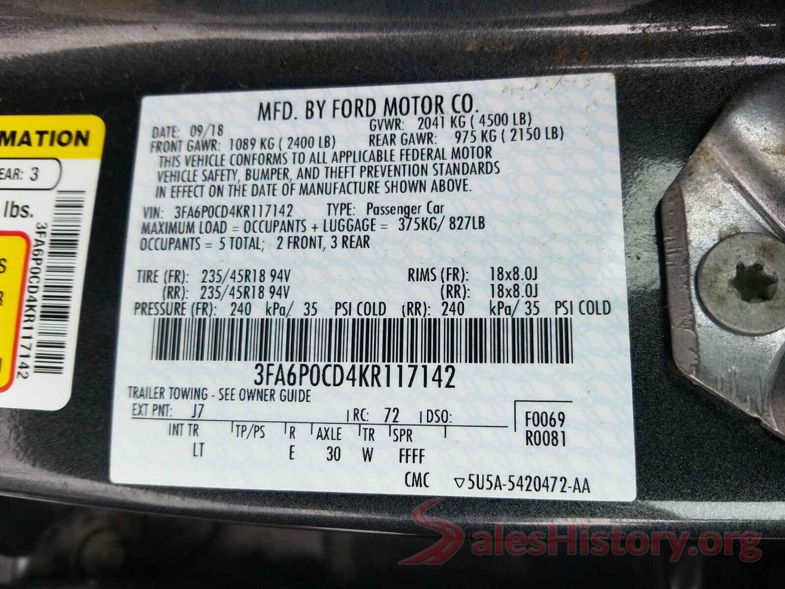 3FA6P0CD4KR117142 2019 FORD FUSION