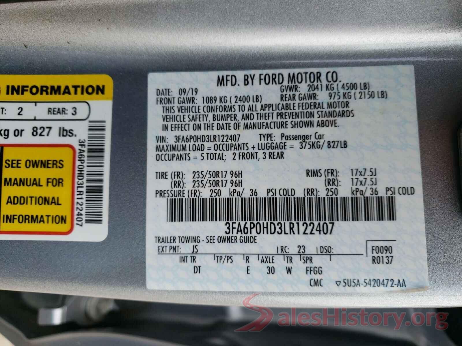 3FA6P0HD3LR122407 2020 FORD FUSION