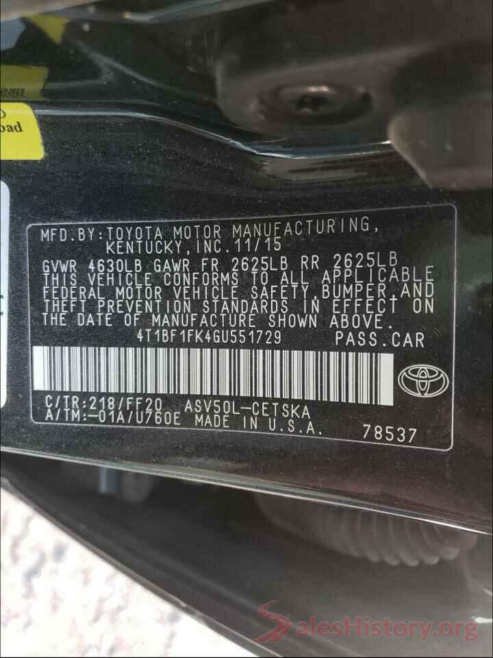 4T1BF1FK4GU551729 2016 TOYOTA CAMRY