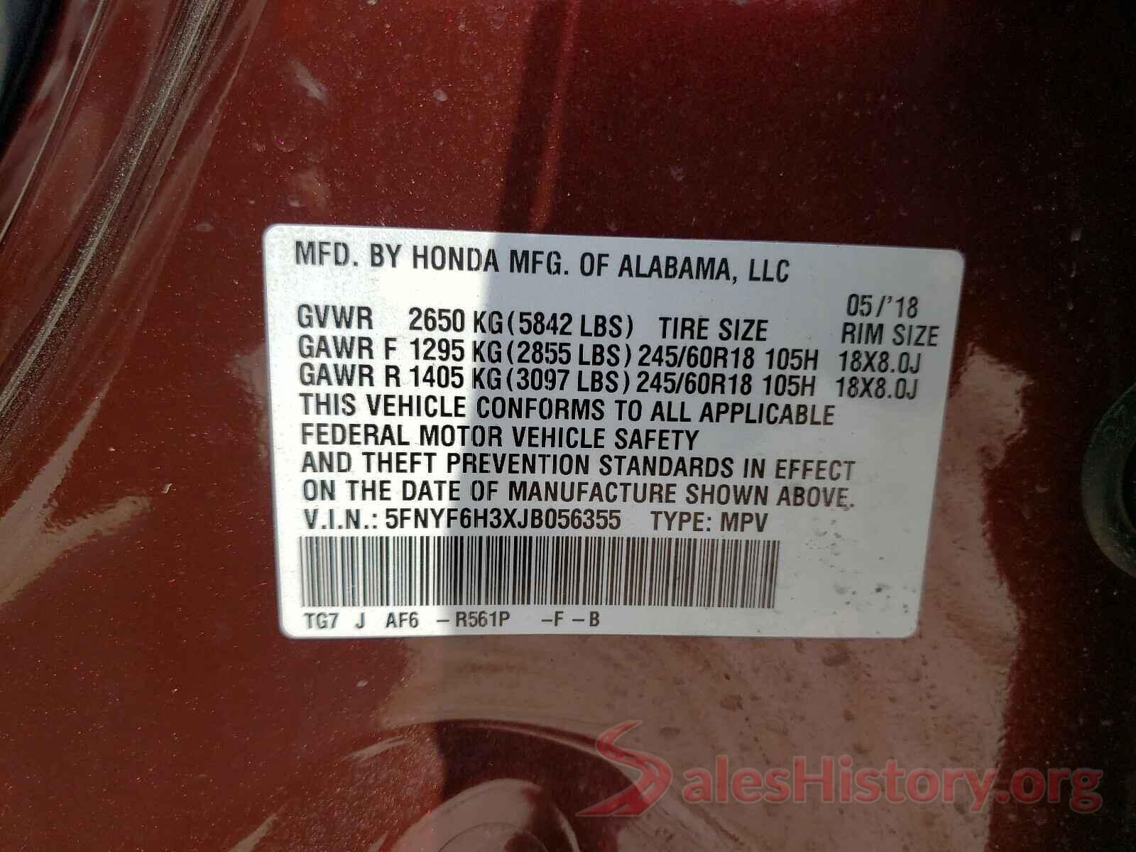 5FNYF6H3XJB056355 2018 HONDA PILOT