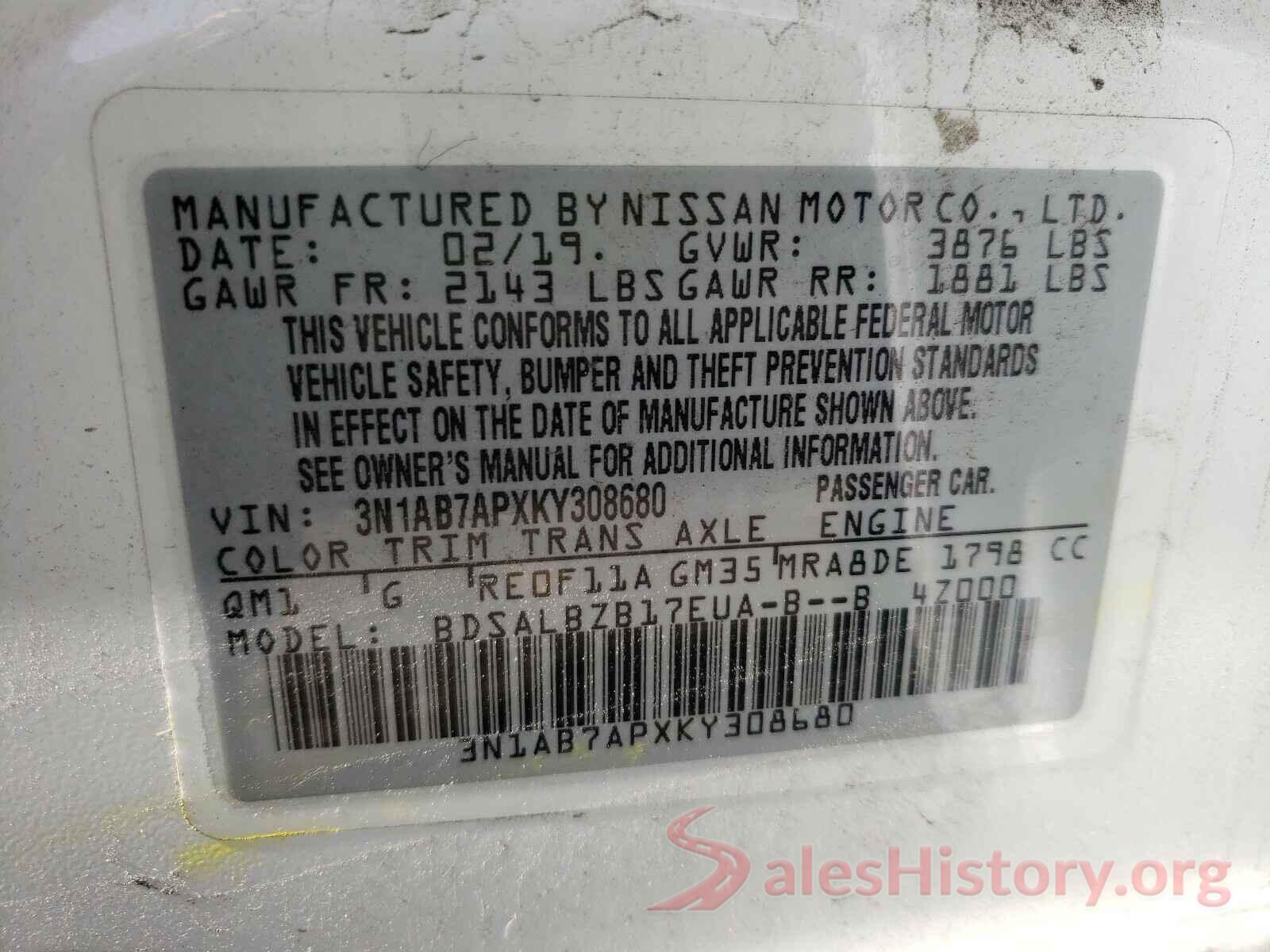 3N1AB7APXKY308680 2019 NISSAN SENTRA