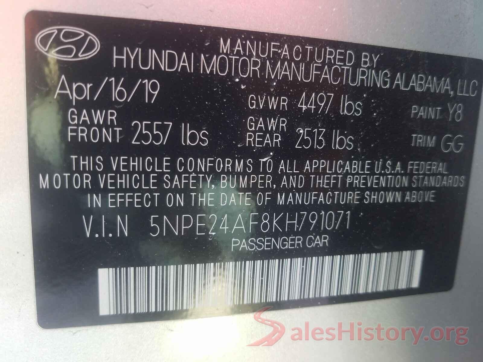 5NPE24AF8KH791071 2019 HYUNDAI SONATA