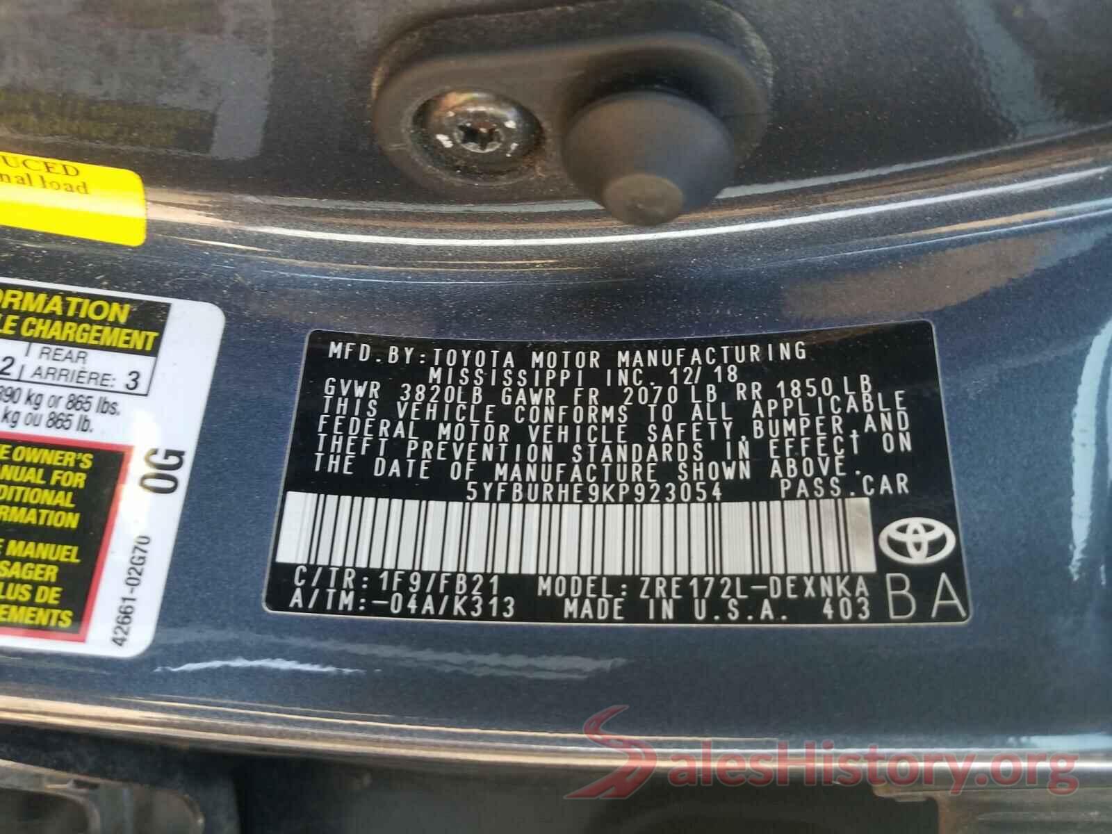 5YFBURHE9KP923054 2019 TOYOTA COROLLA