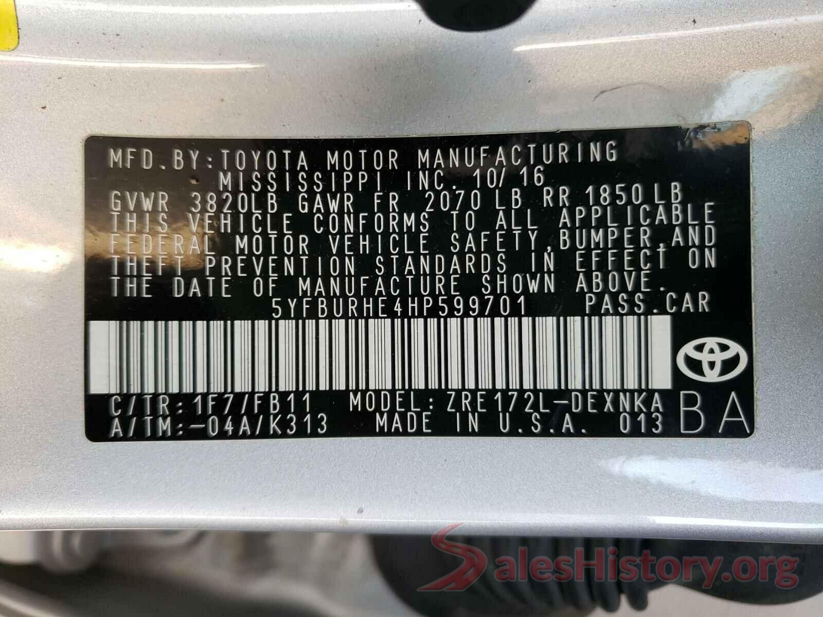 5YFBURHE4HP599701 2017 TOYOTA COROLLA