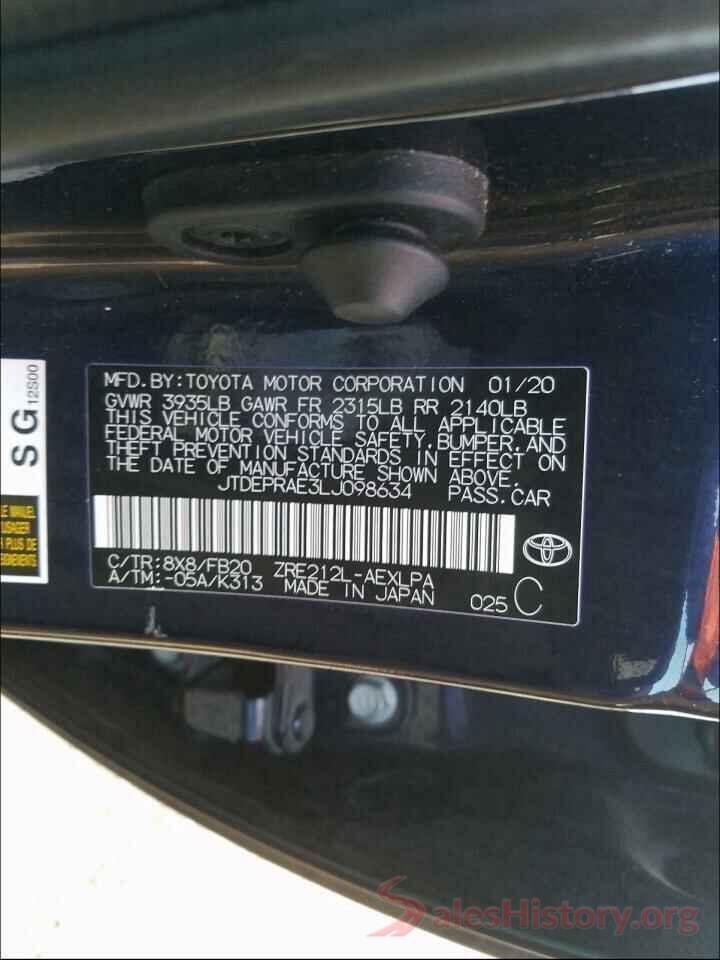 JTDEPRAE3LJ098634 2020 TOYOTA COROLLA