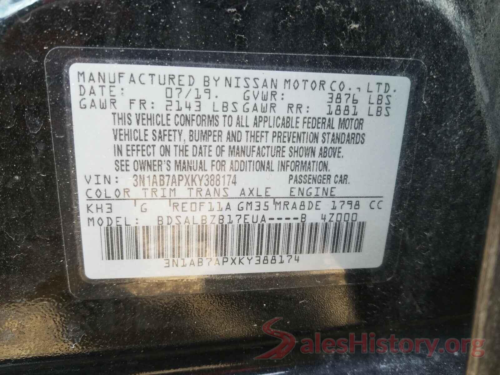 3N1AB7APXKY388174 2019 NISSAN SENTRA