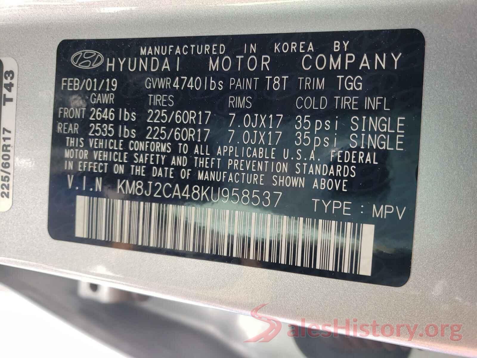 KM8J2CA48KU958537 2019 HYUNDAI TUCSON