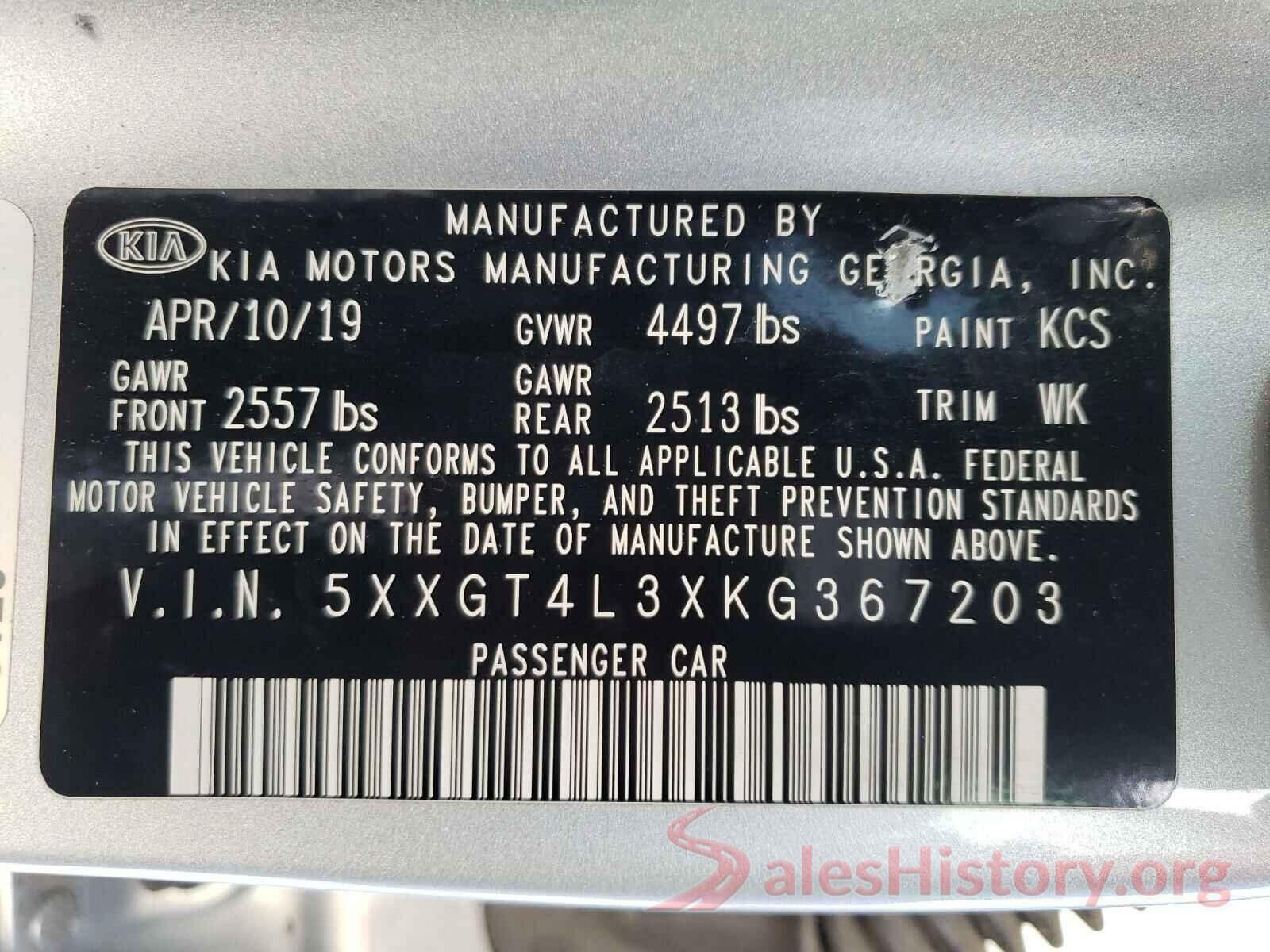 5XXGT4L3XKG367203 2019 KIA OPTIMA