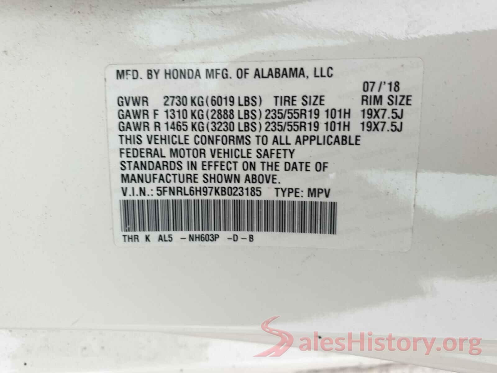 5FNRL6H97KB023185 2019 HONDA ODYSSEY