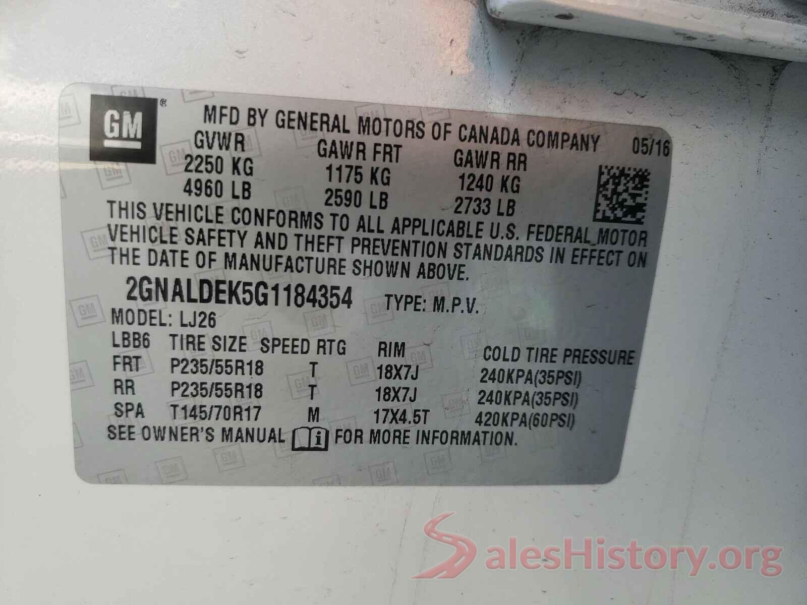 2GNALDEK5G1184354 2016 CHEVROLET EQUINOX