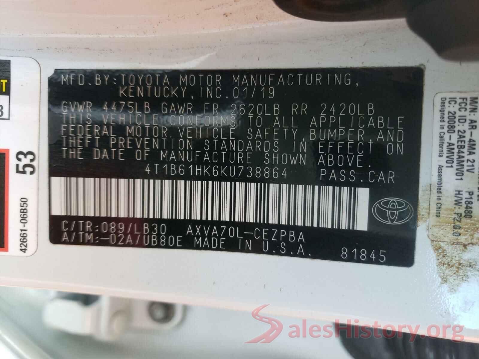 4T1B61HK6KU738864 2019 TOYOTA CAMRY